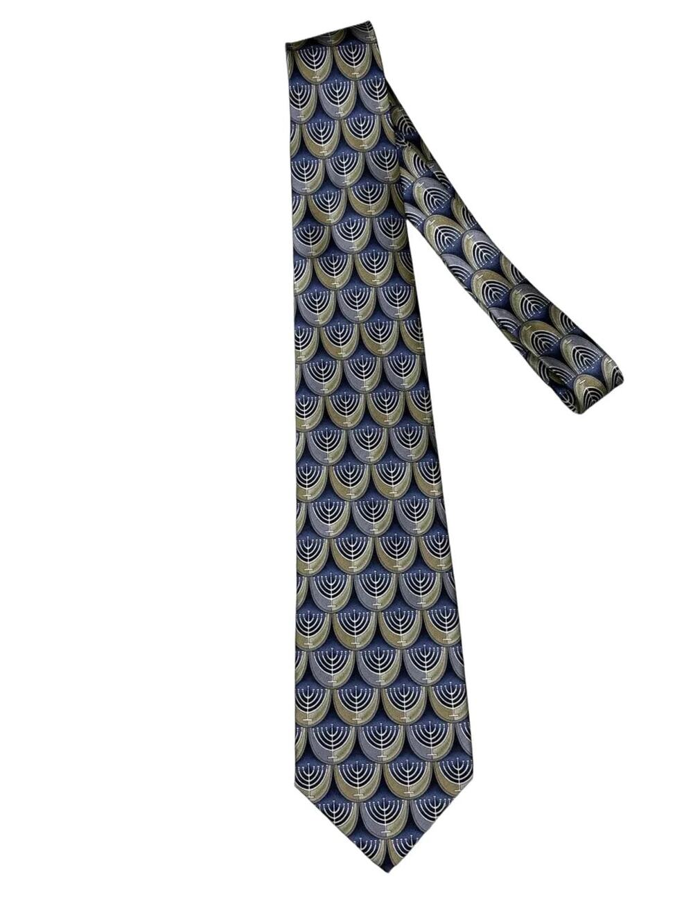 Stonehenge Blue & Gold Menorah Print Silk Tie